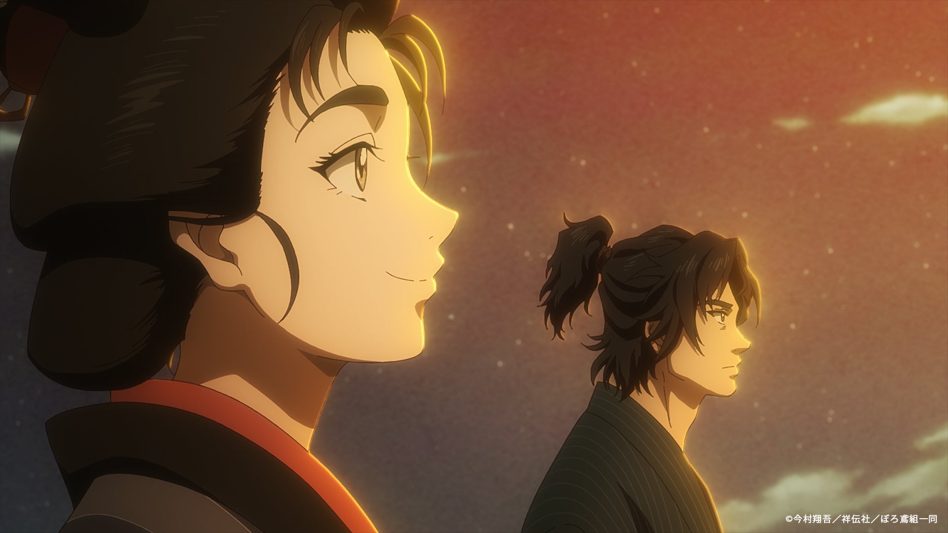 夕日を背景に微笑むキャラクター