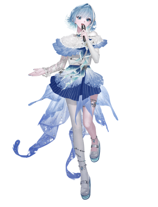 青いドレスでマイクを持つVTuber