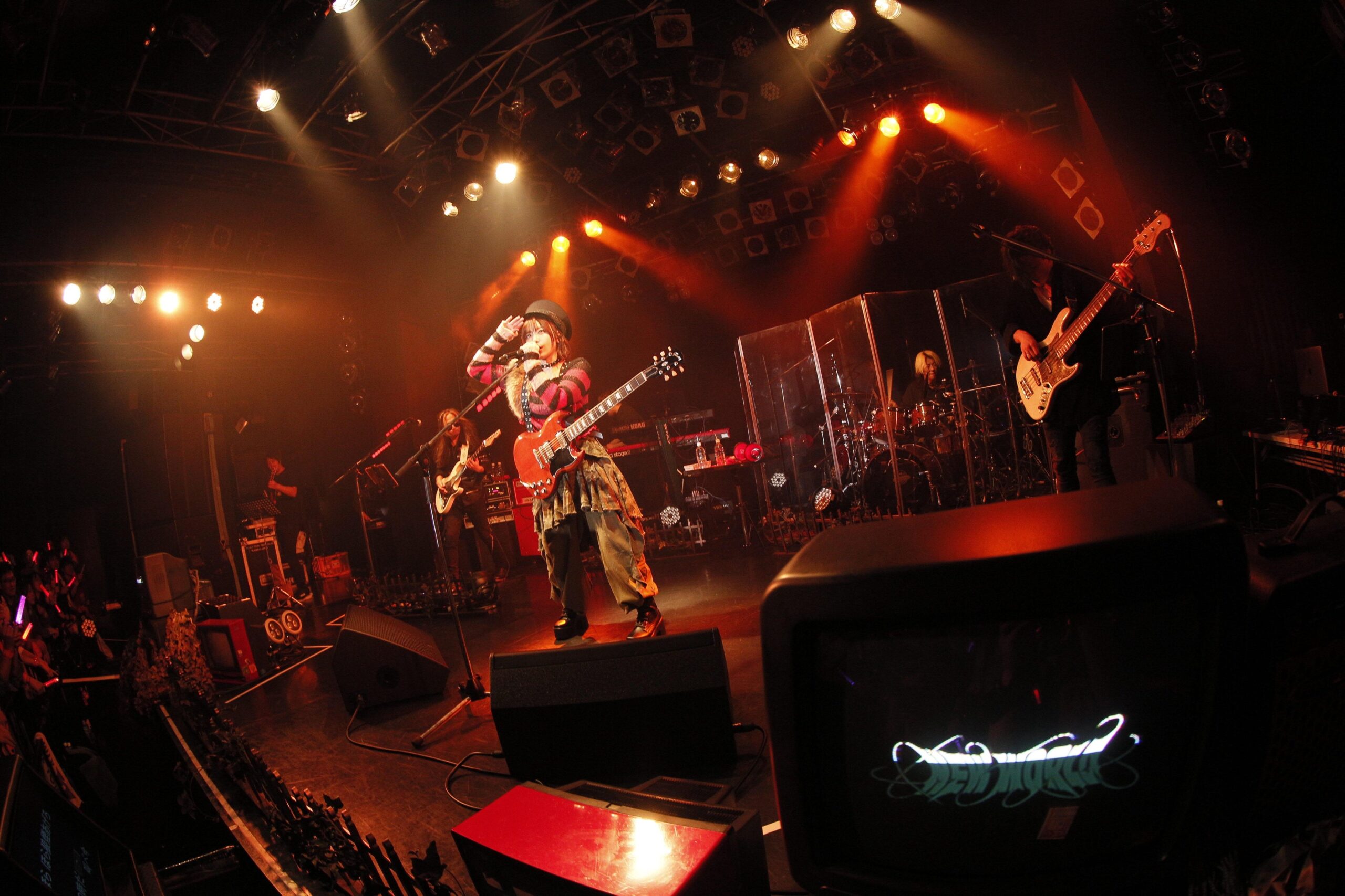 バンドメンバーと共に演奏する歌手