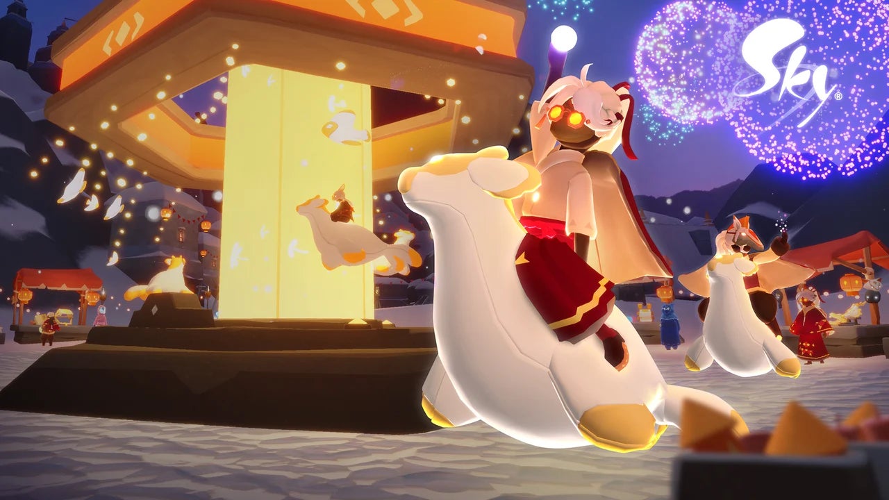 光の彫像の周りに集まるキャラクターたち