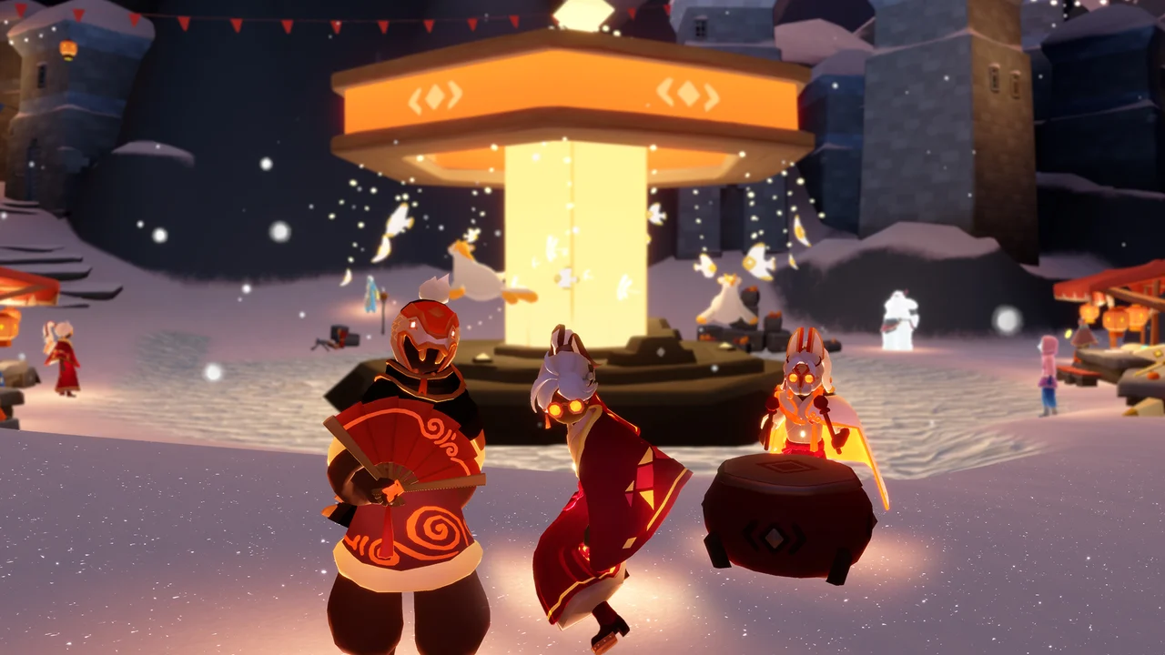 伝統衣装で踊るキャラクターたち