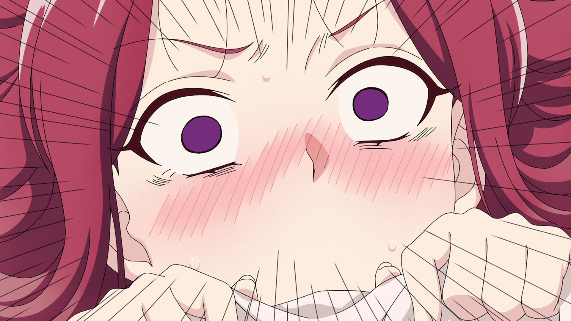 驚いた表情の赤髪キャラクローズアップ