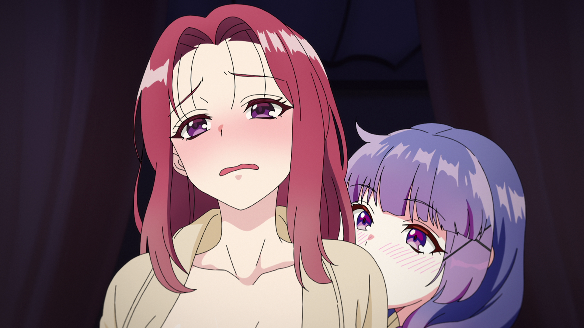 夜の部屋で赤髪と紫髪キャラの対面