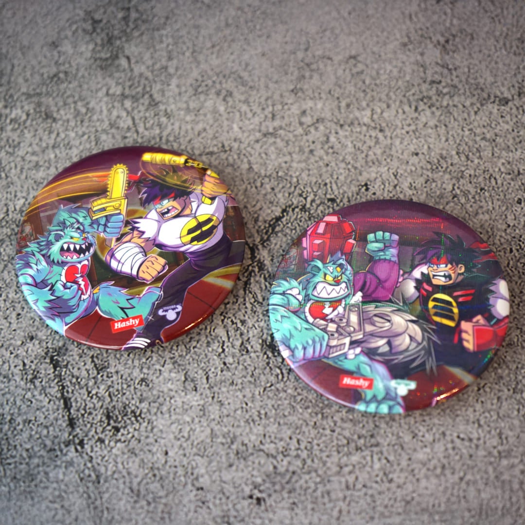 チャックス・リーとシャーディーベアの缶バッジ