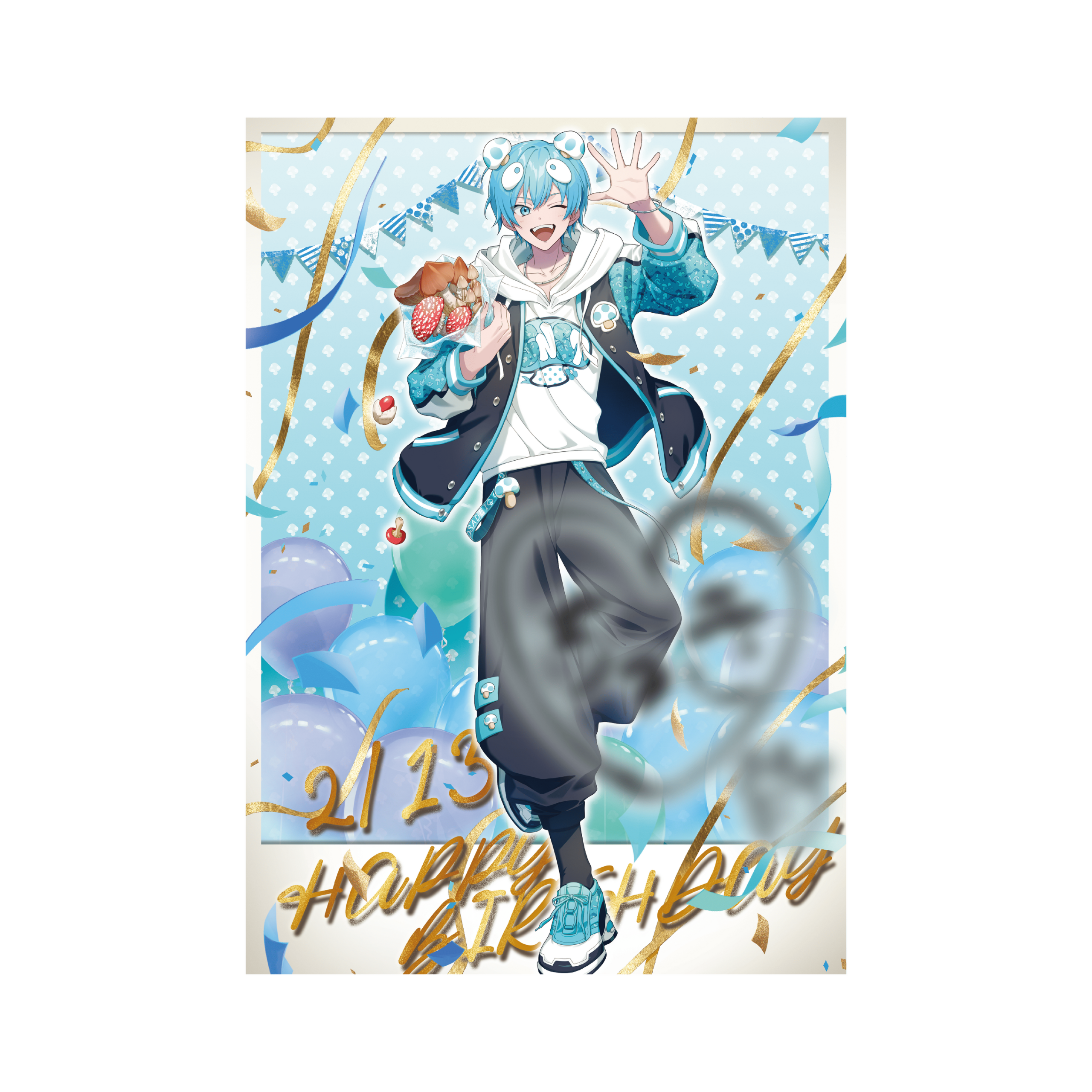 青髪キャラクターのポーズと飾りつけのデザイン