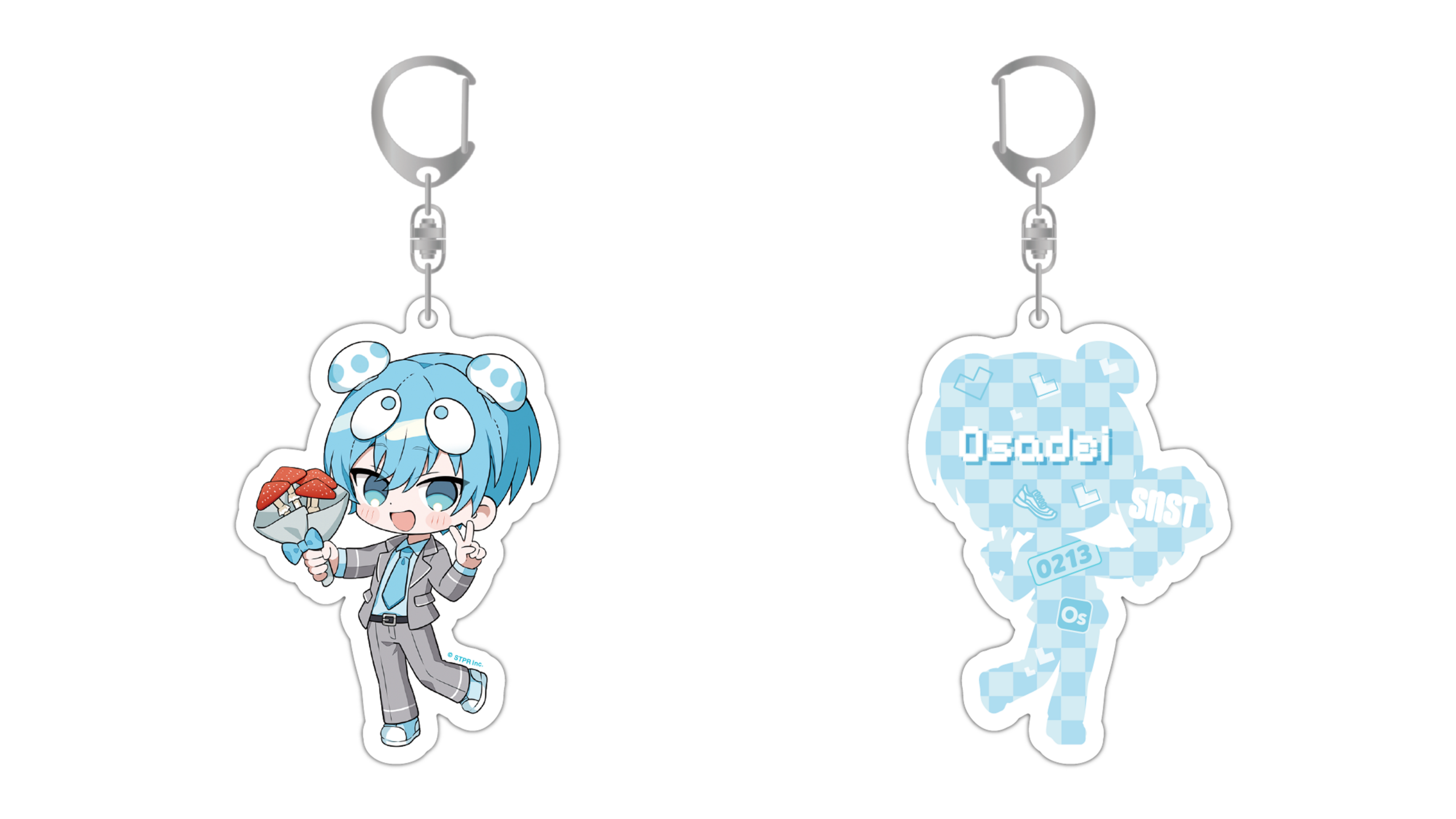 アニメ風のキーホルダーと赤や青の模様