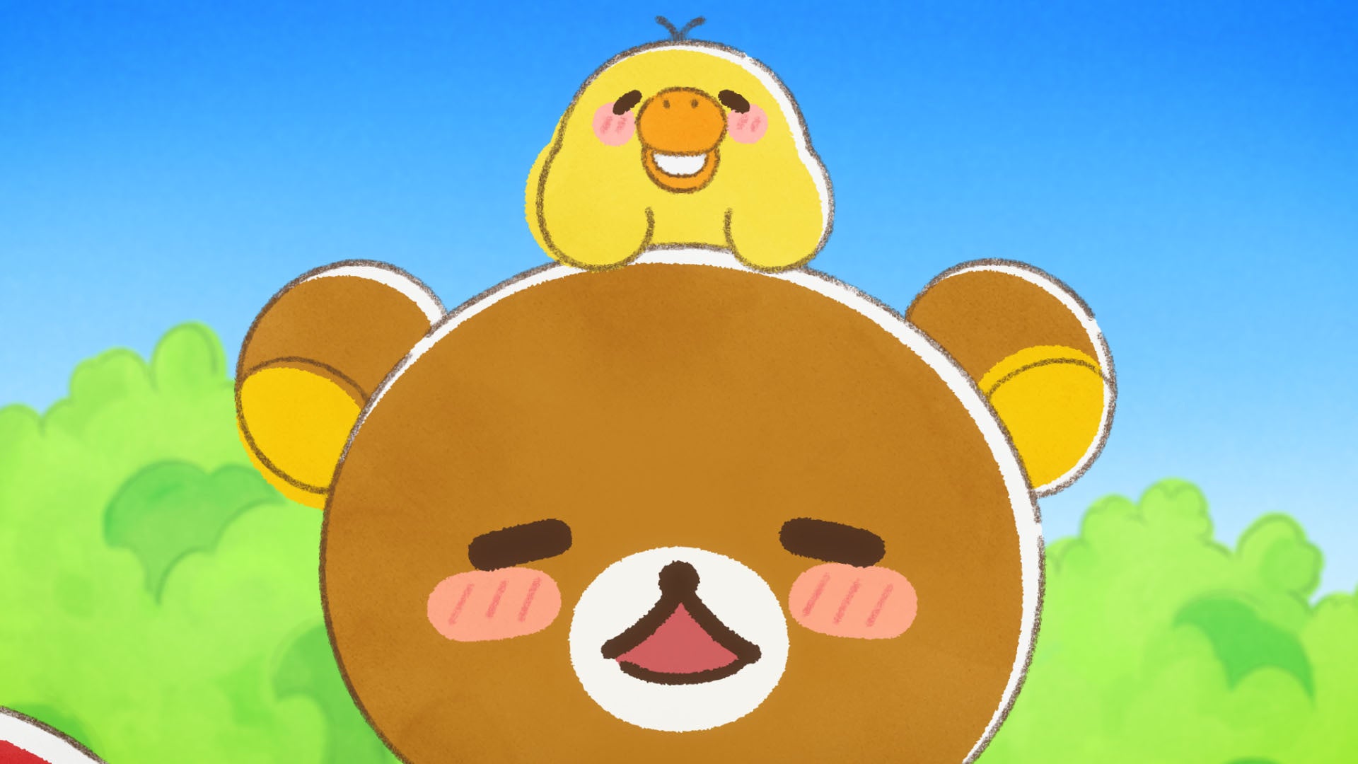 リラックマの上で笑う黄色い鳥