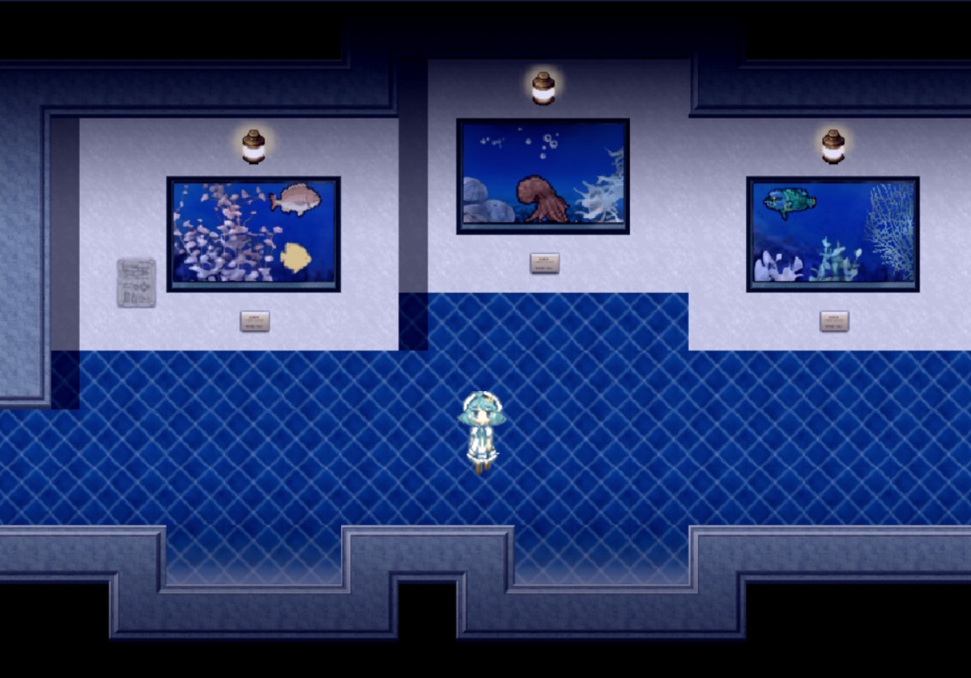 水族館の背景でキャラクターが立つシーン