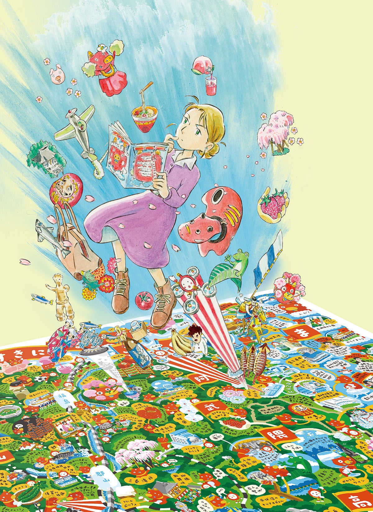 空飛ぶキャラクターと福島の地図