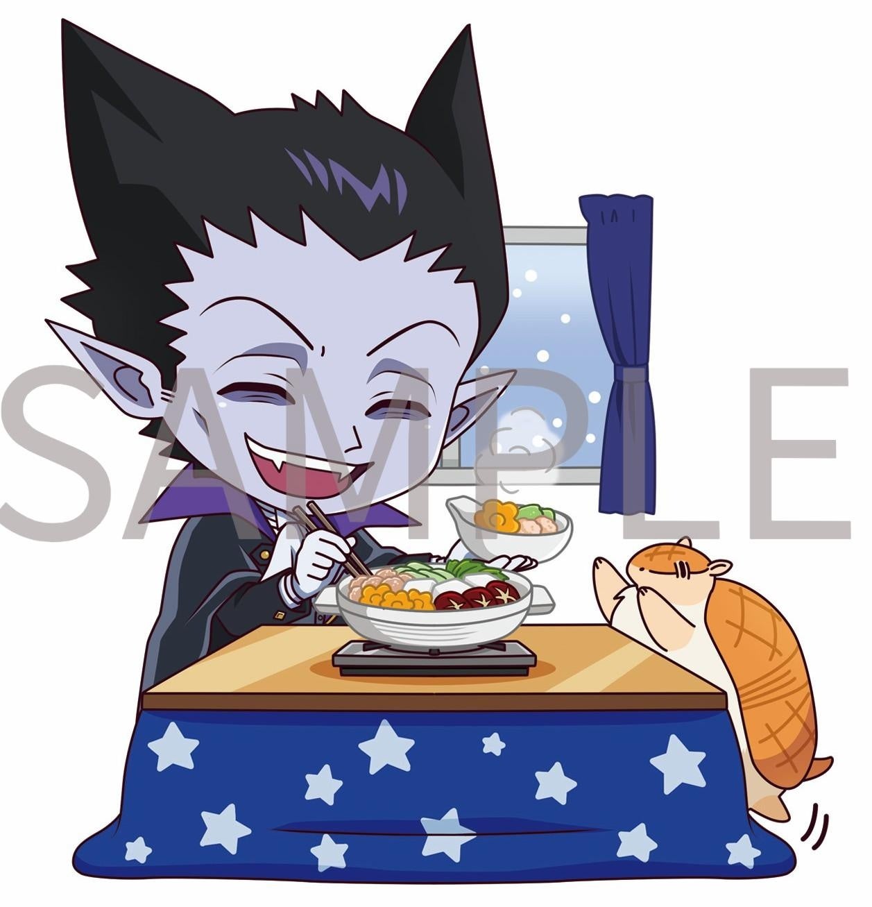 吸血鬼キャラと猫が鍋で食事