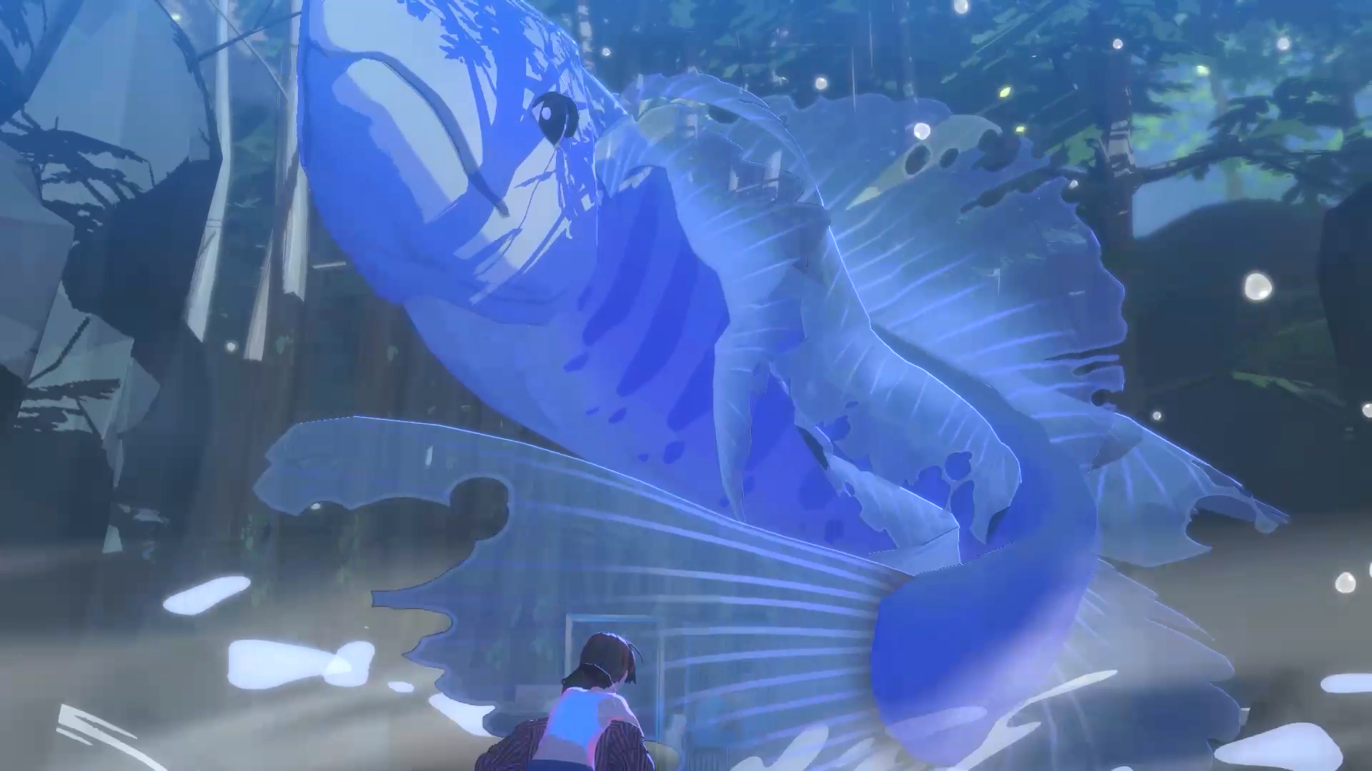 巨大な光る魚とキャラクターの場面