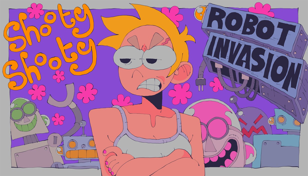 怒った女性キャラクターとロボットたち