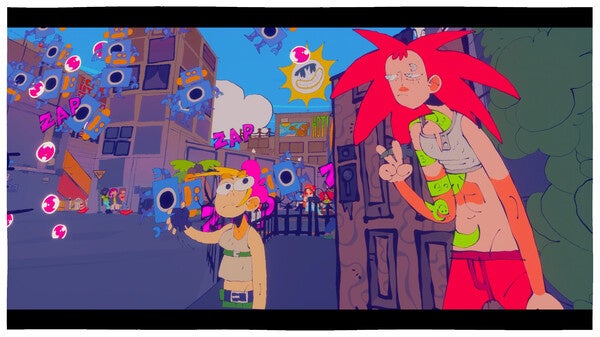 街中で戦う二人のキャラクター