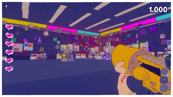 室内で武器を構えるプレイヤーの視点