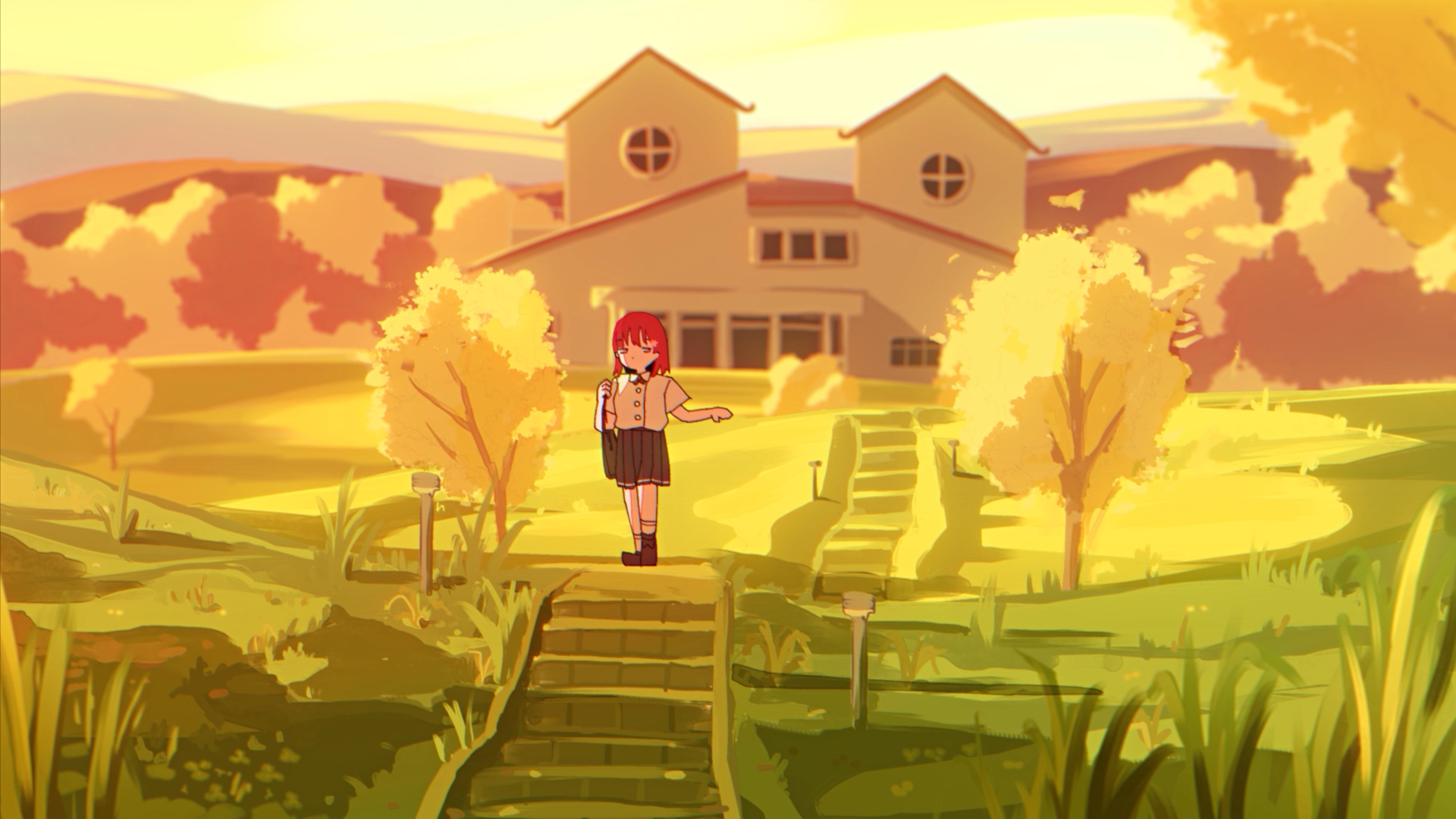 家の前で立つ少女と秋の風景