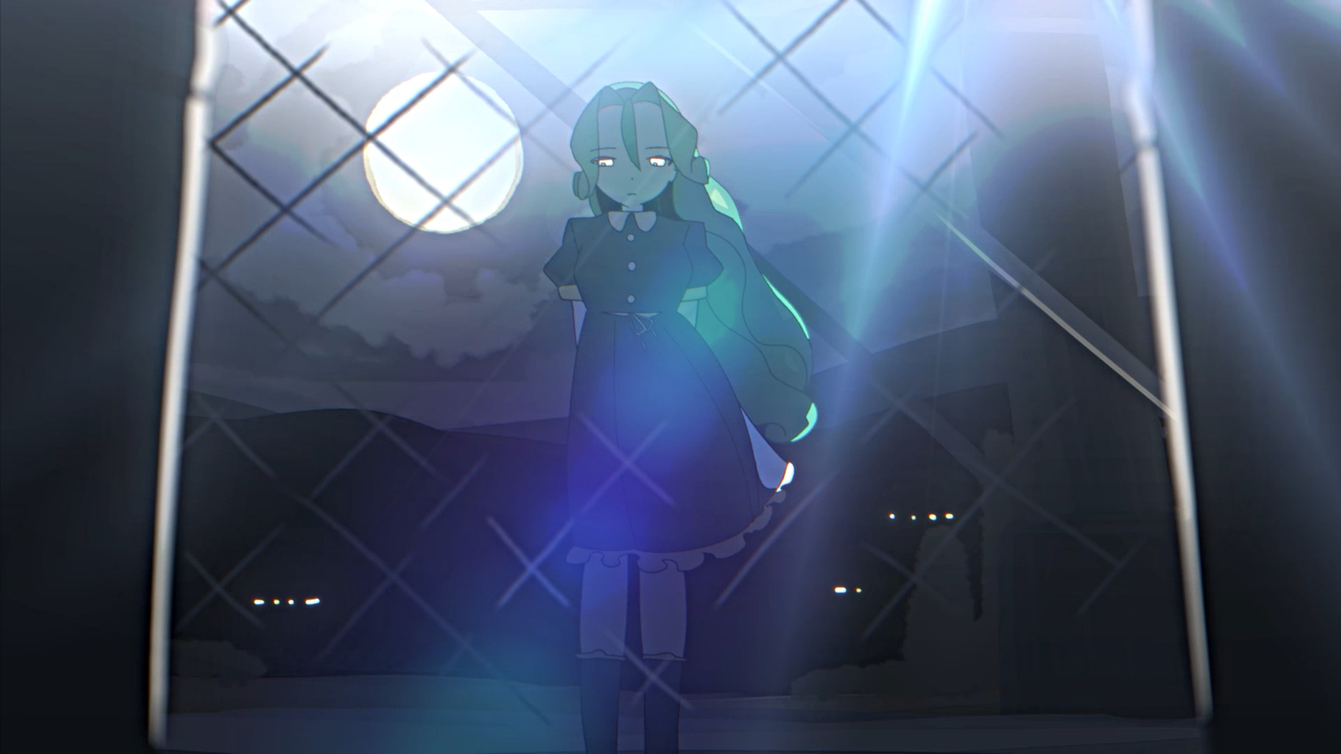 月夜にフェンス越しの緑髪のキャラ