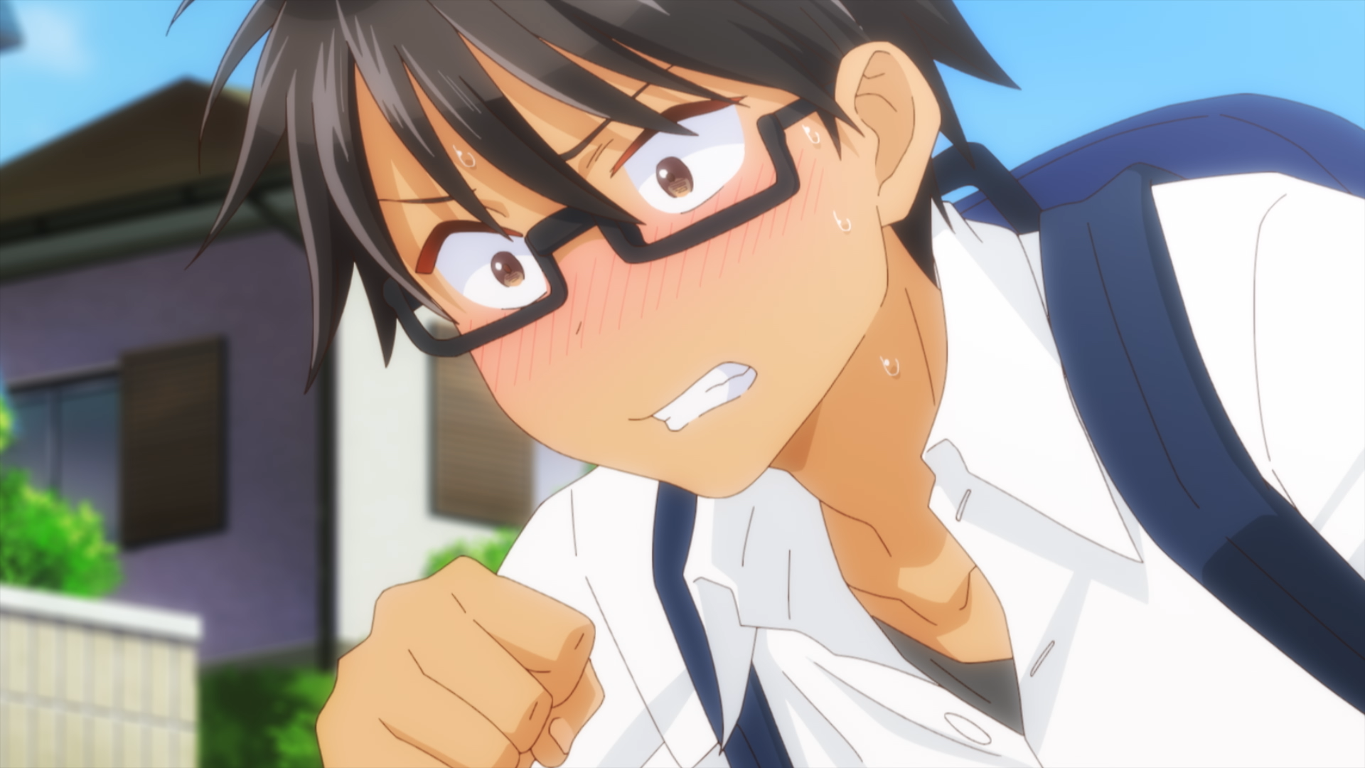 緊張した表情の少年キャラクター