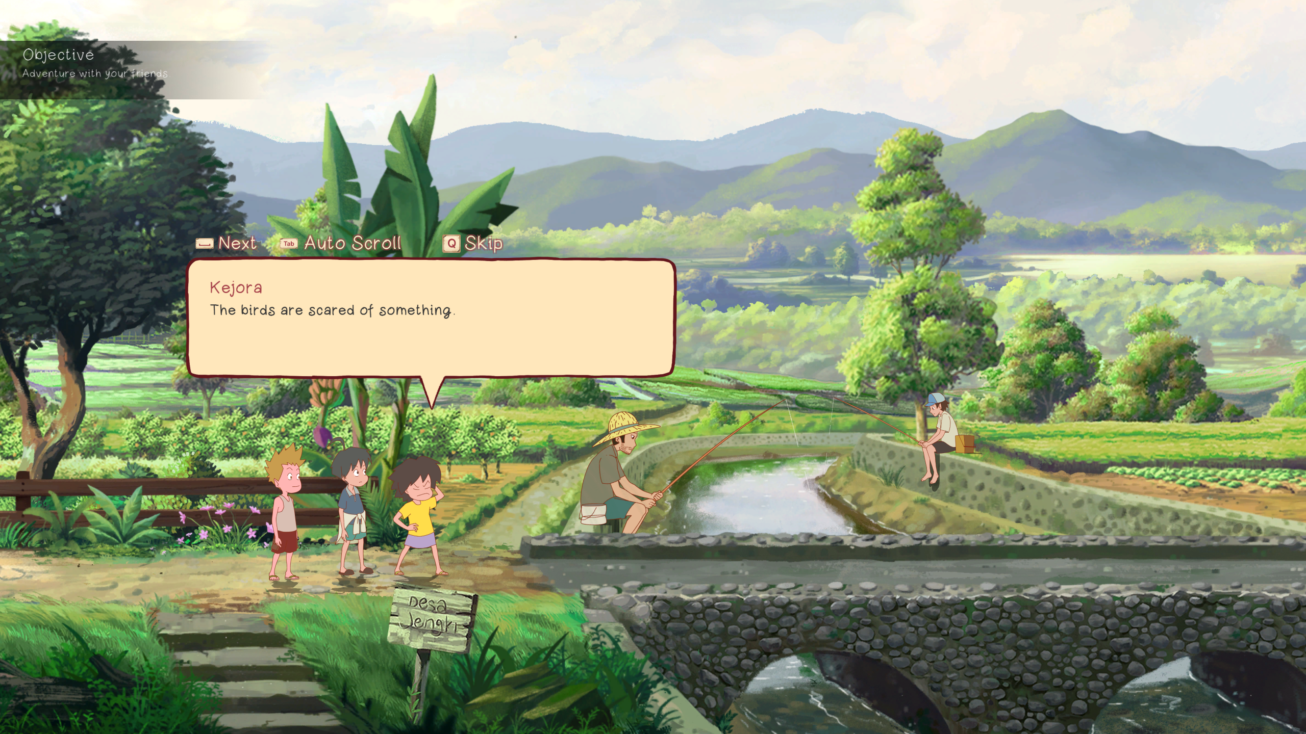 橋の前で話すKejoraキャラクターたち