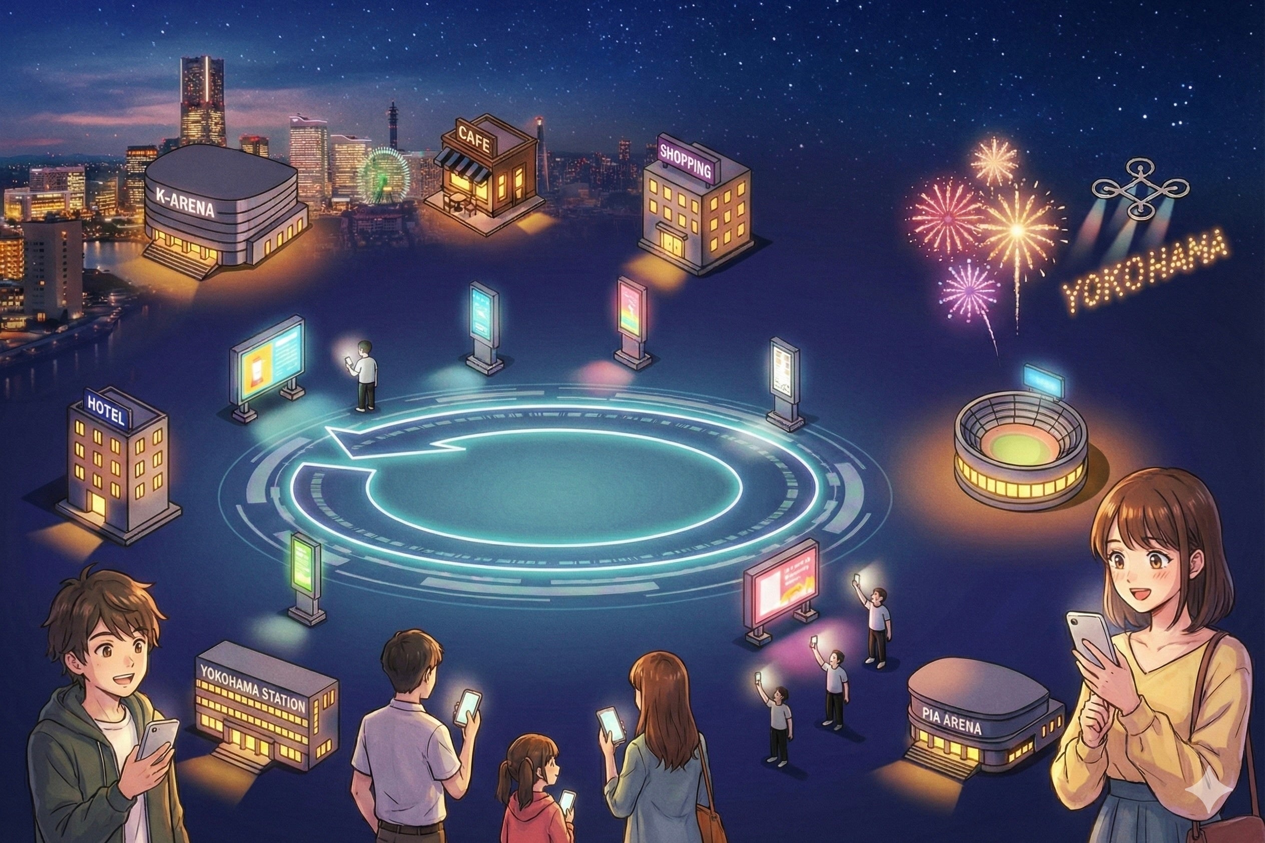 横浜夜景にイベント拠点が浮かぶイラスト