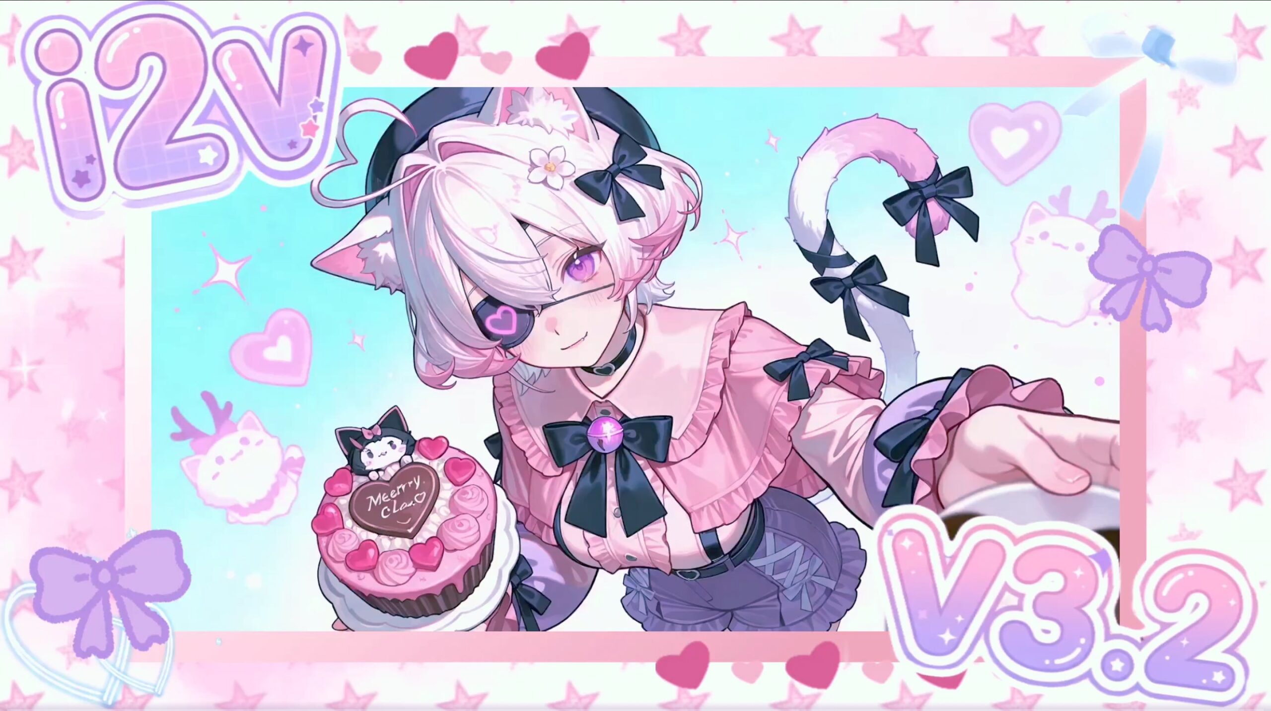 猫耳キャラクターがケーキを持つ姿