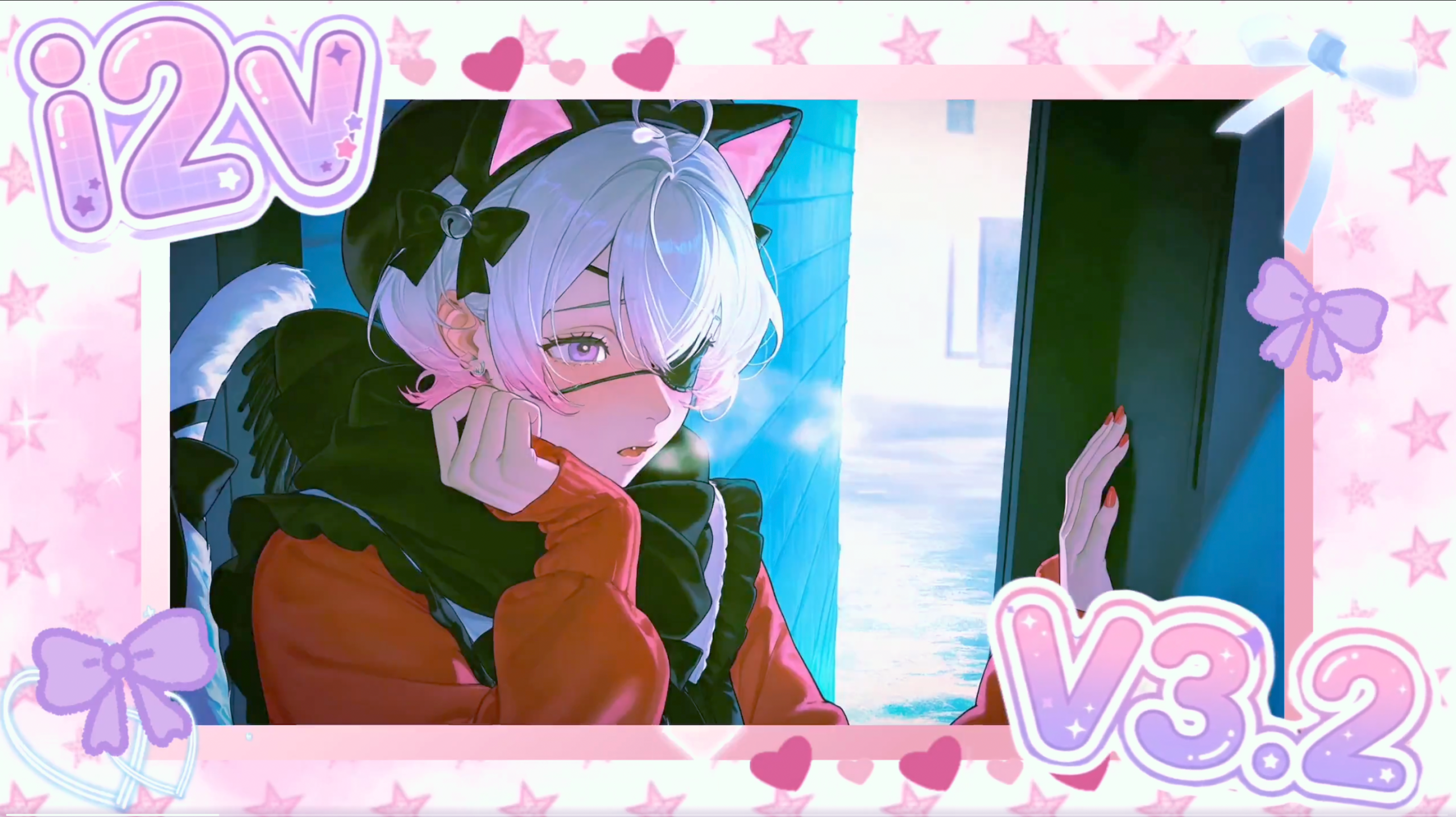 猫耳のキャラクターが窓辺に立つ様子