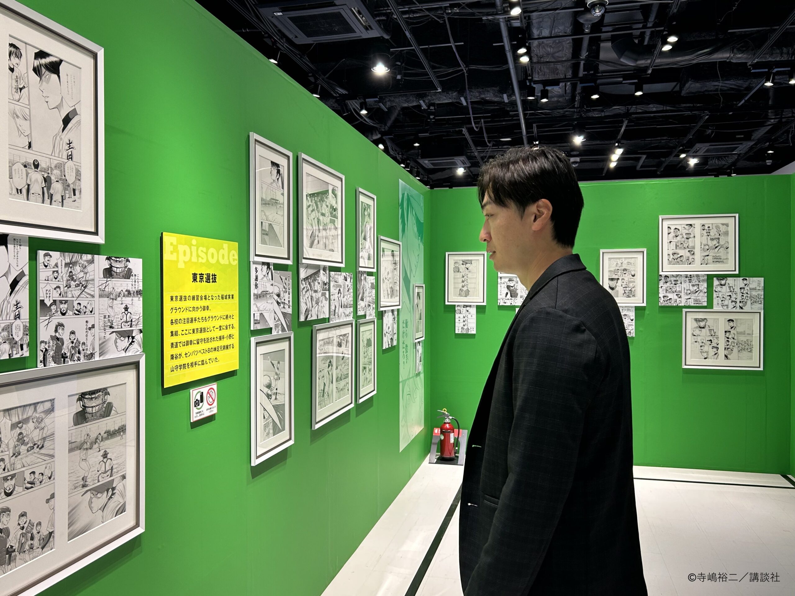 緑の壁に並ぶダイヤのAの原画展示