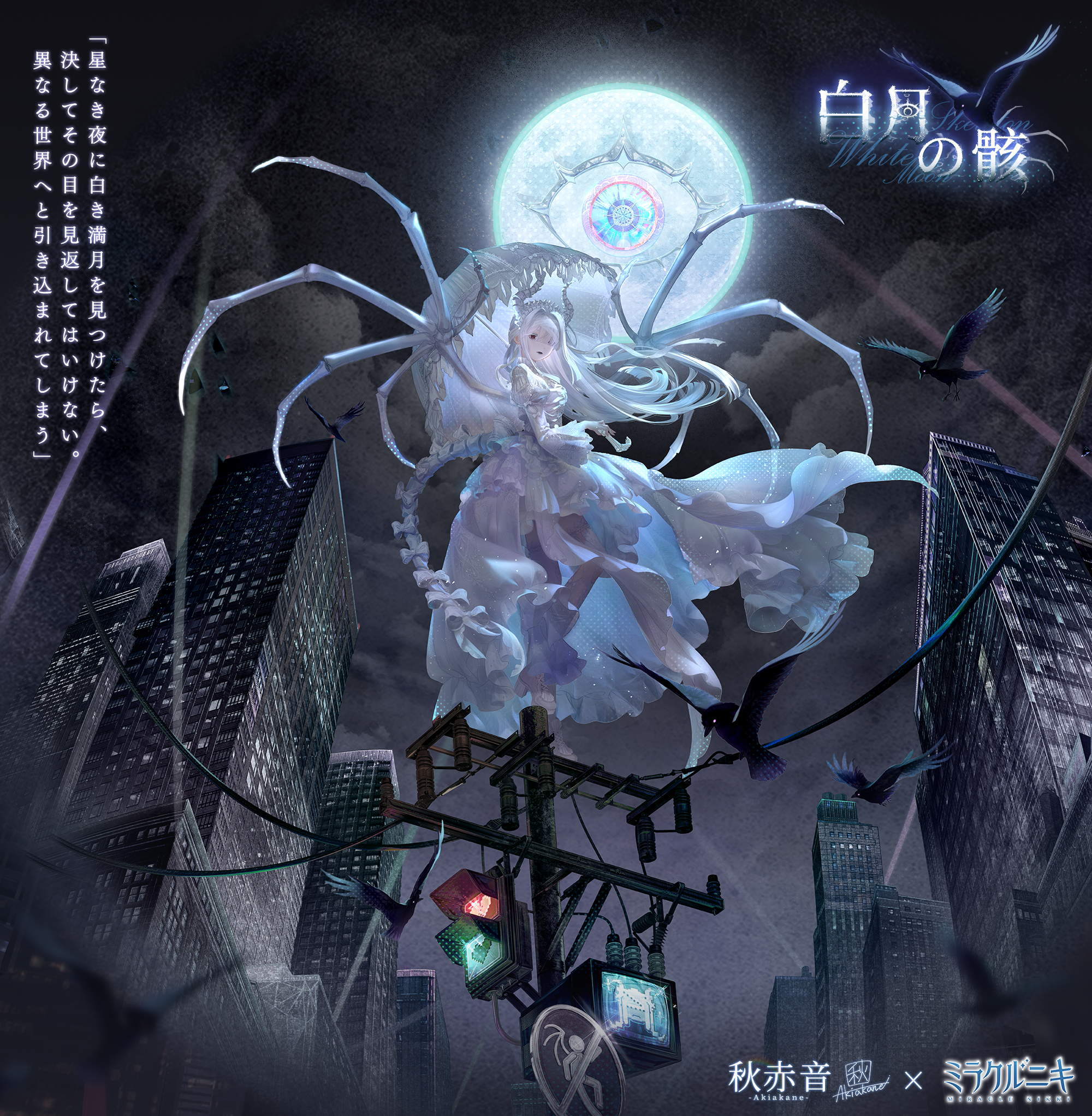 白い蜘蛛の女性と夜景